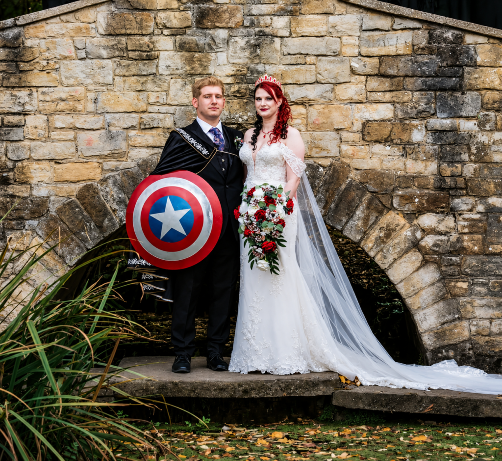 WED2B wedding dress alterations with couture fitted lace bridal gown and dramatic cathedral veil Carshalton Couple
