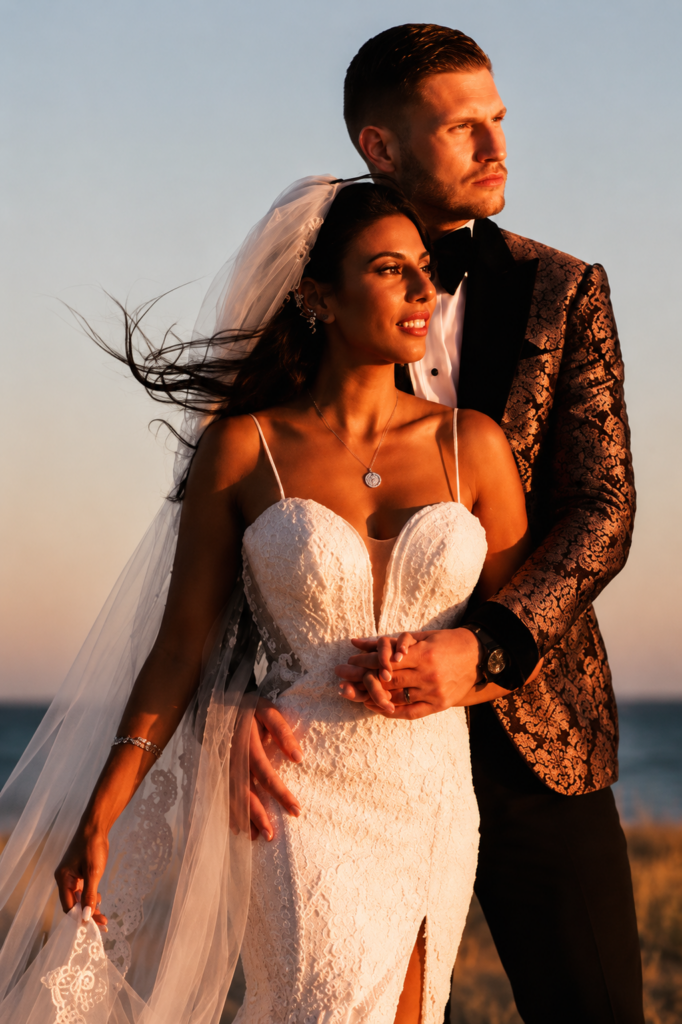 Bride wearing altered beaded wedding dress and bespoke veil at a Portugal destination wedding