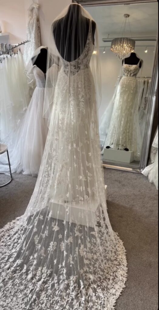 Martina Liana sample bridal gown before extensive bridal alterations and contouring back view