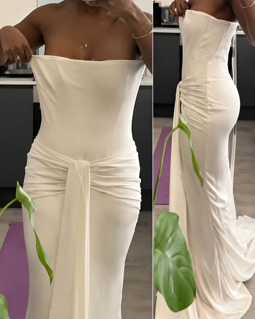 House of CB Camellia satin wedding dress before couture bridal alterations near Purley sent by Bride
