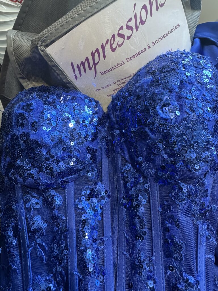 Corset detail Royal blue prom dress with structured bodice and couture alterations in Sutton Surrey