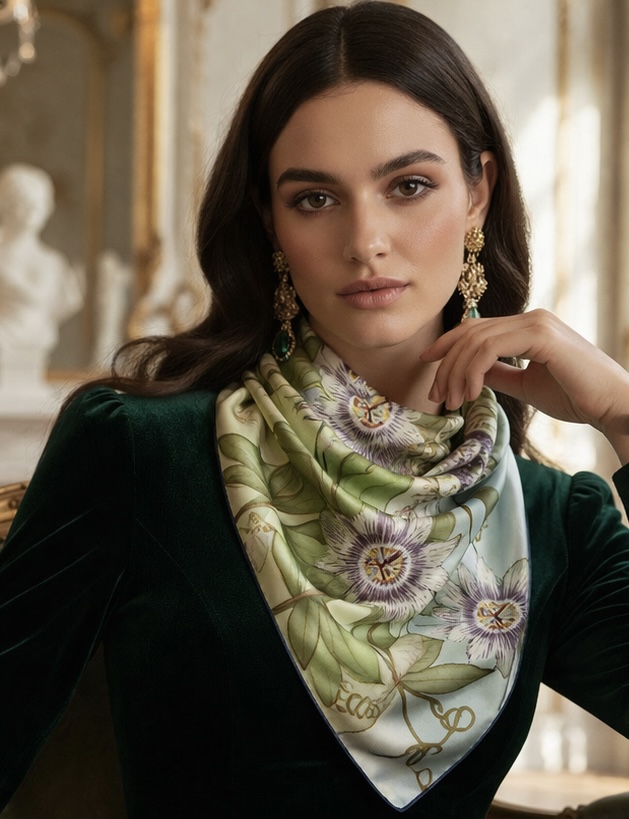 Enchanted Silks By Zen hand-painted passion flower on silk scarf with botanical vine artwork