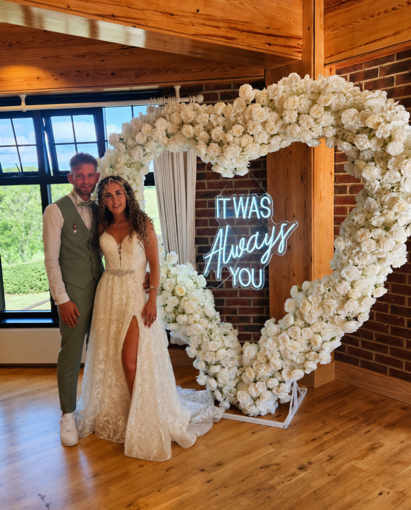 Lace wedding dress with custom split and appliqué balancing work