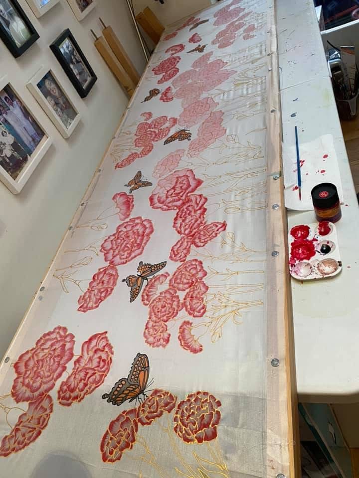 silk scarf carnations design getting painted
