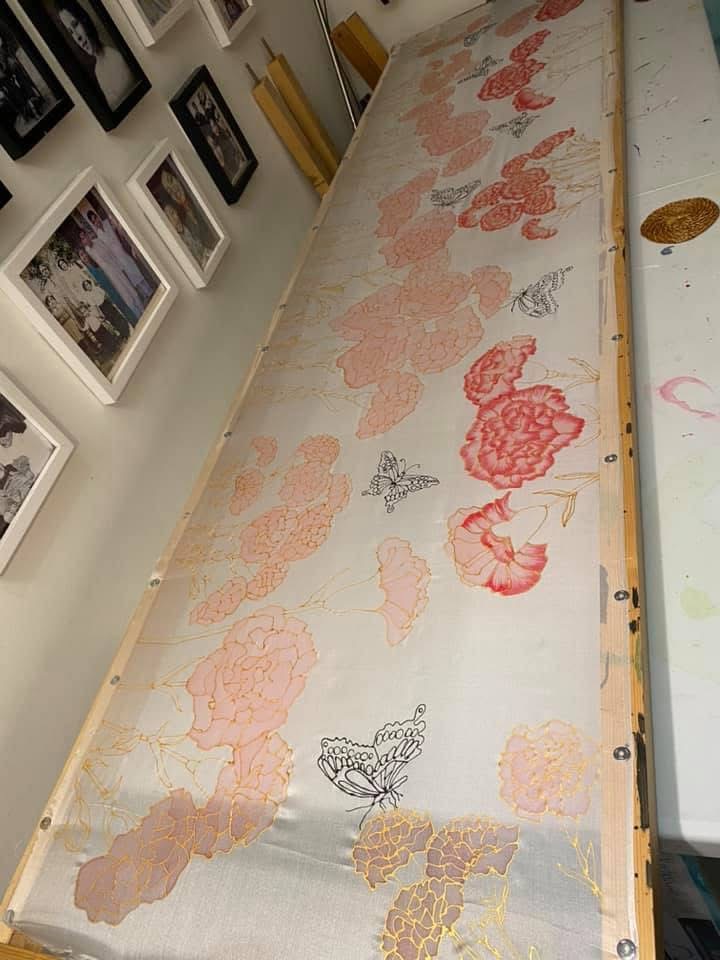 hand painted silk scarf carnations layering of paints to look realistic like the actual flower