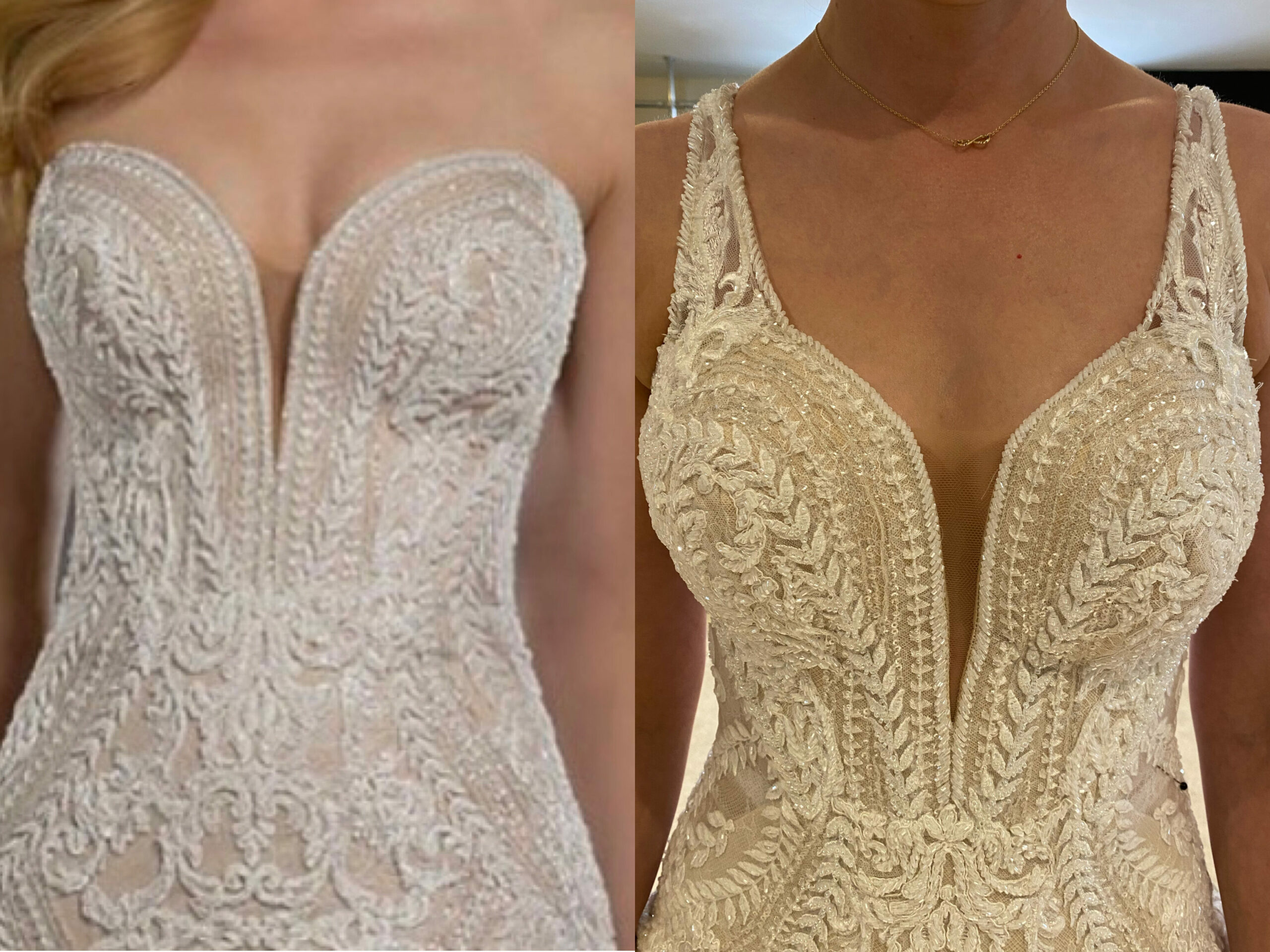 fully beaded straps for a Martina Liana dress all embroidered by hand to incorporate neckline with strap