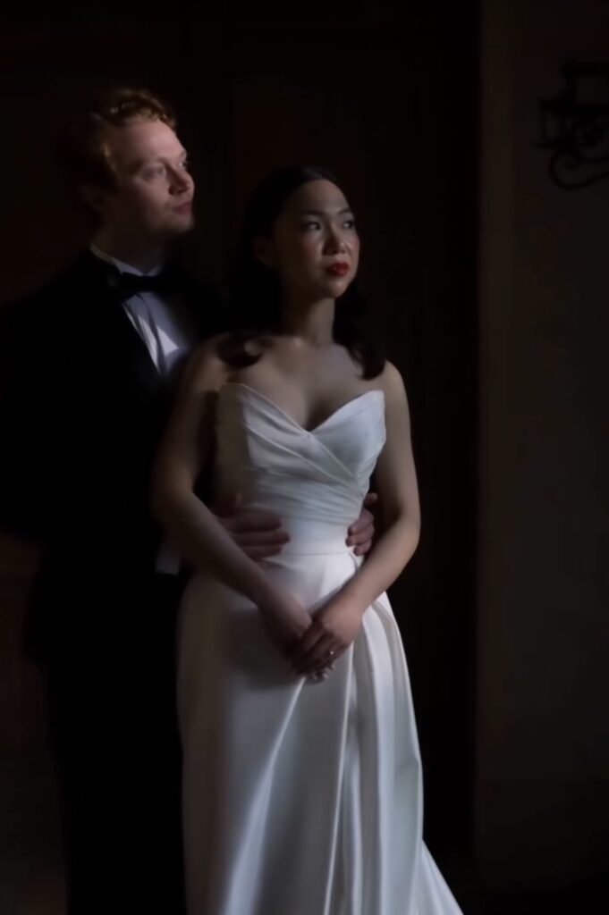 Morilee Pleated wedding dress with front split after couture bridal alterations and size reduction