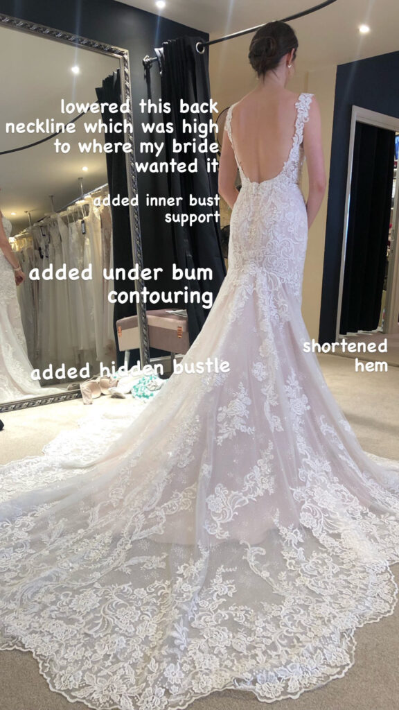 Essense of Australia wedding dress couture alterations with low back redesign and lace train