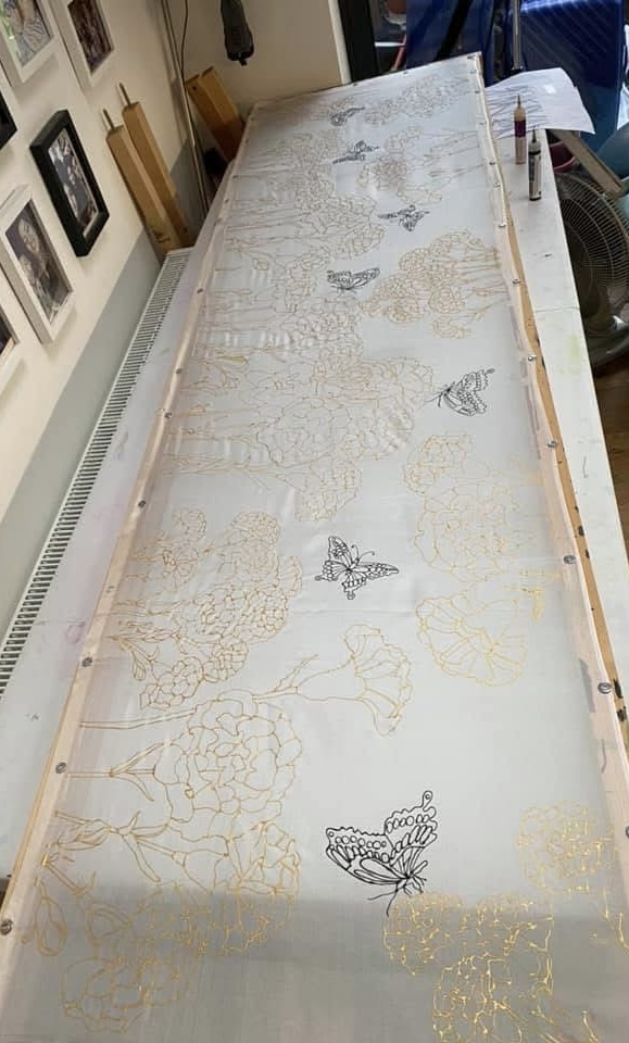 hand painted silk scarf carnations design outlines with gutta