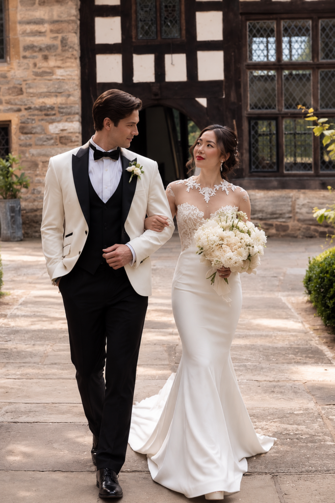 Riki Dalal Crepe wedding dress bride walking through formal gardens in a minimal wedding dress following couture bridal alterations and veil finishing