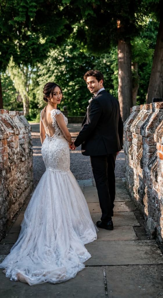 Riki Dalal embroidered wedding dress bride walking through formal gardens in a tulle and mesh wedding dress following couture bridal alterations and veil finishing