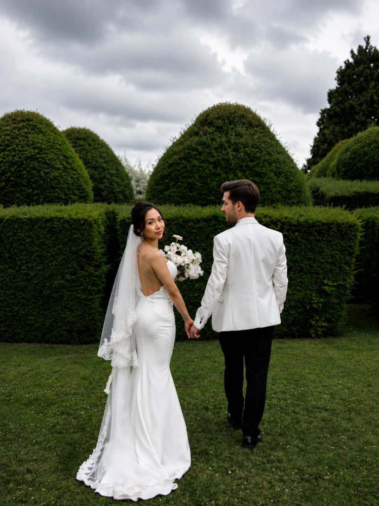 Riki Dalal wedding dress bride walking through formal gardens in a plain crepe fabric wedding dress following couture bridal alterations and veil finishing