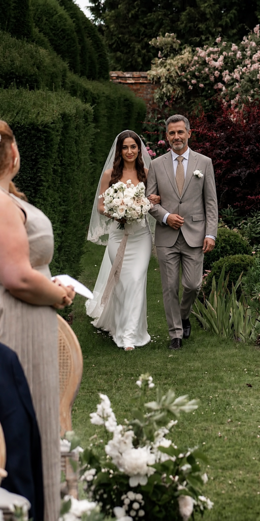 Riki Dalal minimalwedding dress bride walking through formal gardens in crepe stretch wedding dress following couture bridal alterations and veil finishing