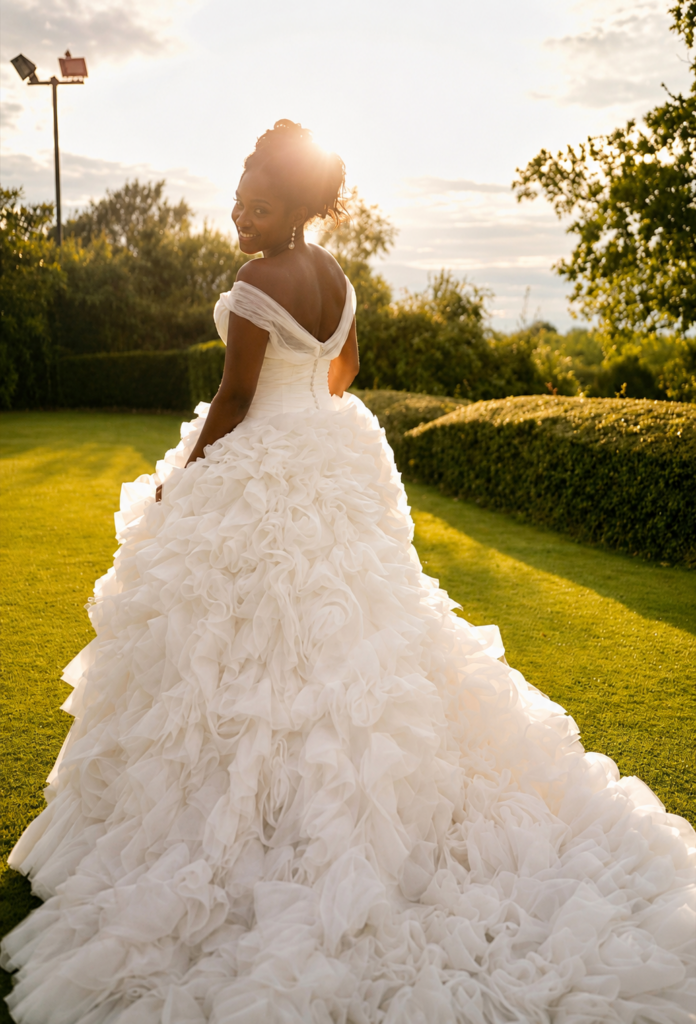 Bride wearing Ronald Joyce wedding dress with removable Bardot sleeves after couture bridal alterations