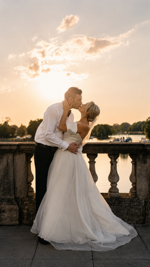 urgent bridal alterations London sunset wedding portrait