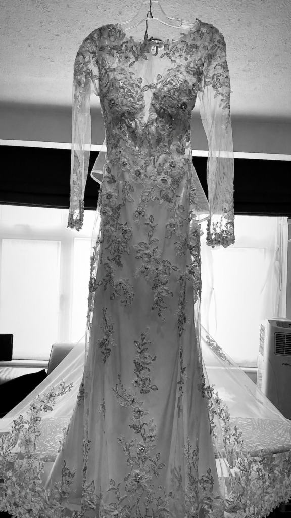 Streatham bridal alterations showing a Steam pressed and spot cleaned wedding dress and preparation for every brides big day.