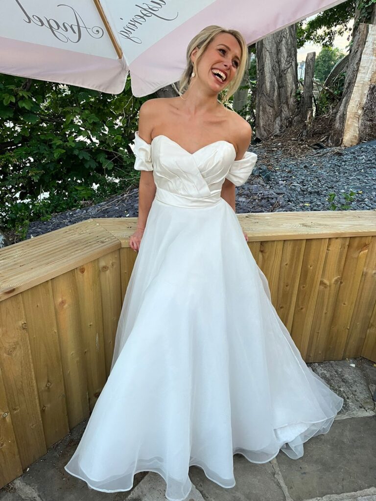 Sophia Tolli couture wedding dress alterations London with bespoke puff sleeves