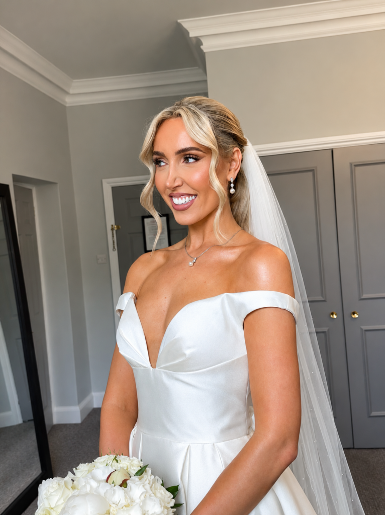 Bride wearing couture-fitted Abella by Allure wedding dress during emotional wedding moment