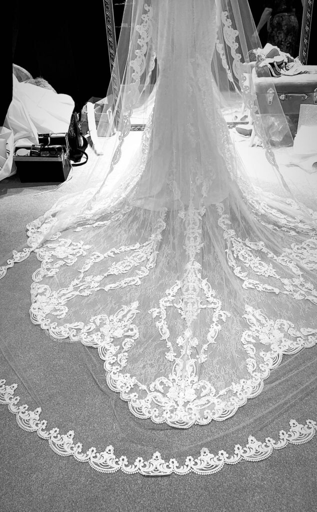 Bespoke cathedral veil designed to complement a beaded wedding dress