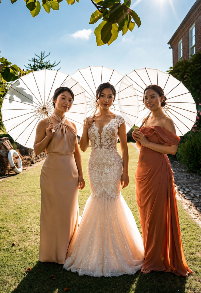 Bride wearing altered Riki Dalal wedding dress with bridesmaids at Birtsmorton Court wedding