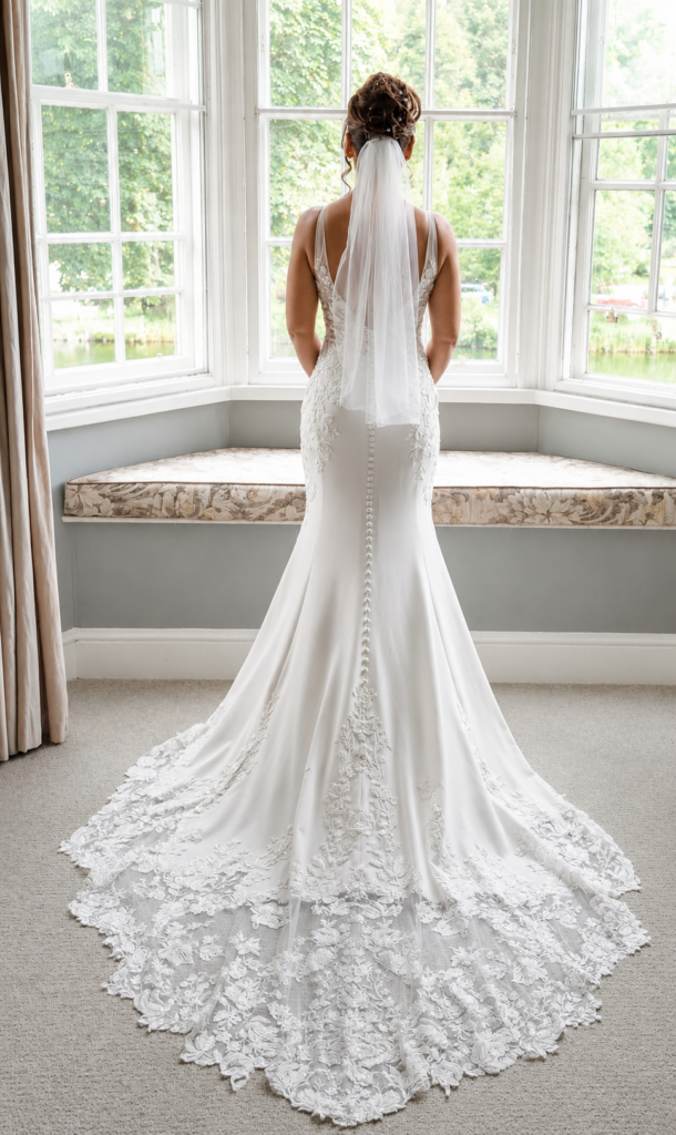 Bride back view after bridal alterations and veil detail