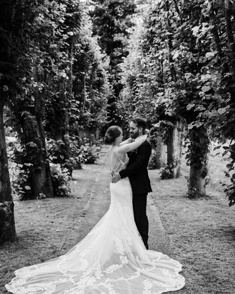 Wedding dress train and finger tip veil after couture fitting