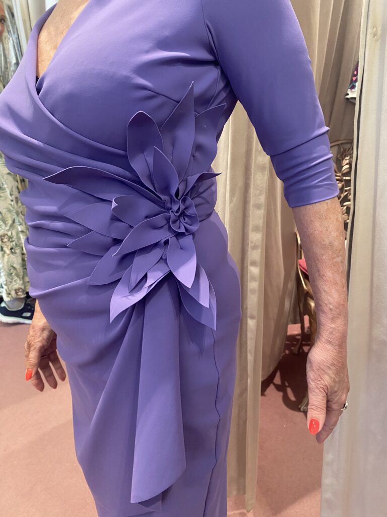 Chiara Boni Mother of the Groom dress with bespoke floral appliqué handcrafted from hem fabric