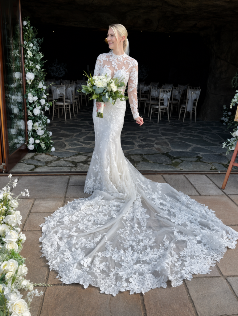 Couture bridal alterations for a sample wedding dress with lace train