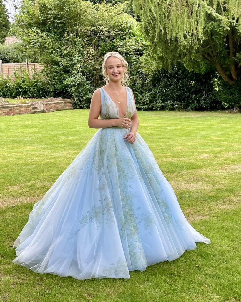 Couture prom dress alterations with layered floral blue ball gown in Greater London, Sutton Surrey Studio