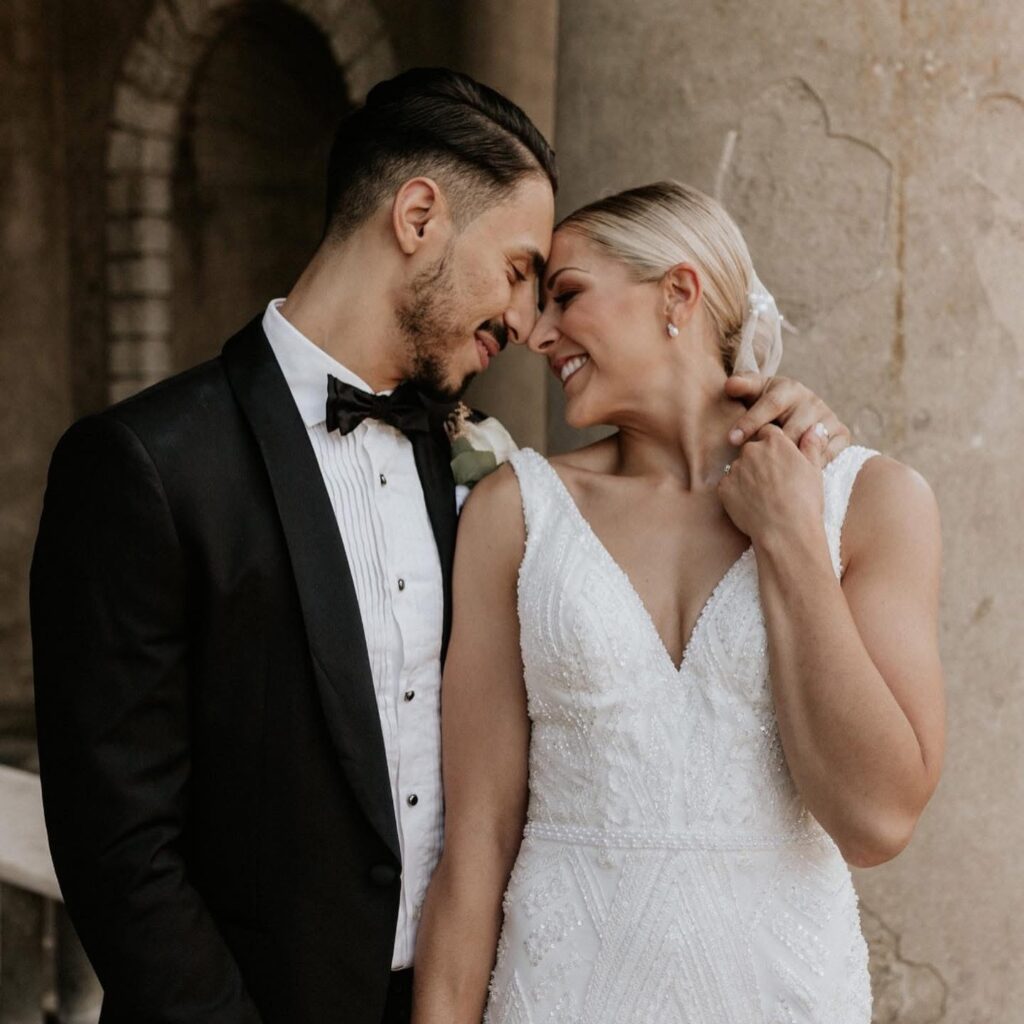 Designer beaded wedding dress alterations London with couture bridal fitting
