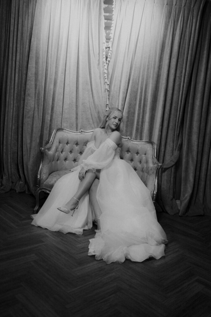 Editorial bridal portrait wearing altered Essense of Australia wedding dress