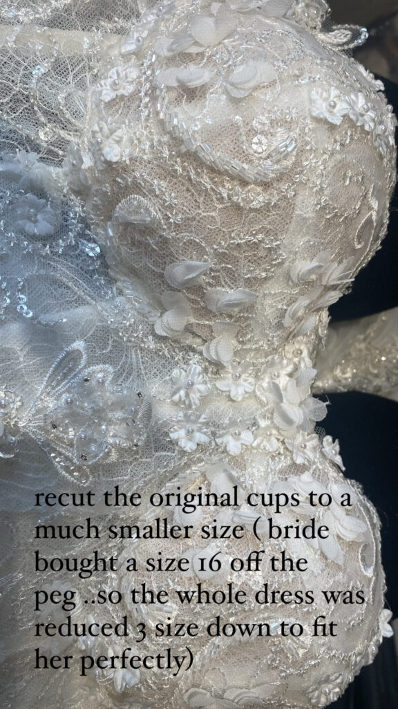 reembroidered lace outside and restiched all back to smaller cup size