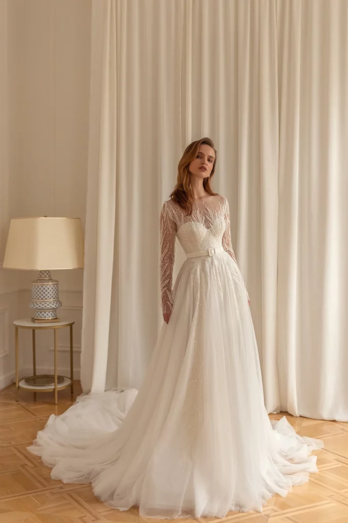 wedding dress with embroidered appliqué