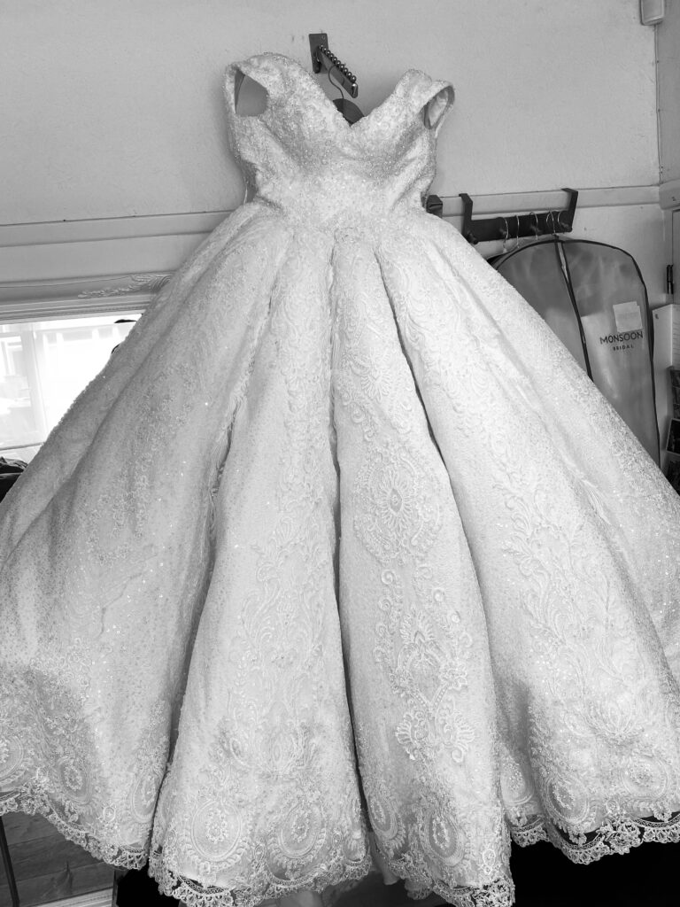 Luxury gypsy bridal ballgown alterations showing dramatic full skirt and Swarovski crystal embellishment