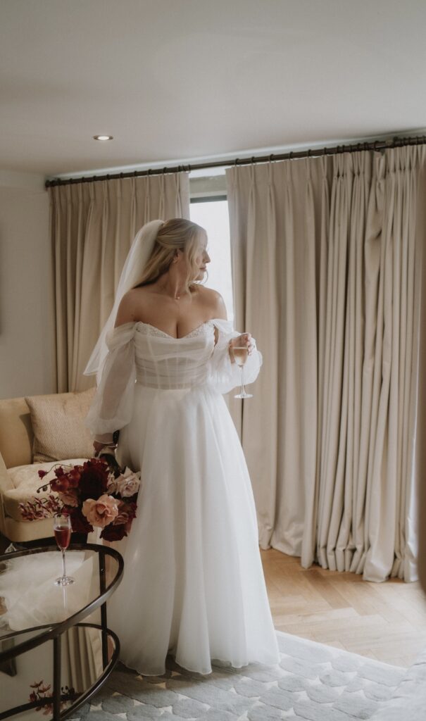 London bride wearing altered Essense of Australia wedding dress