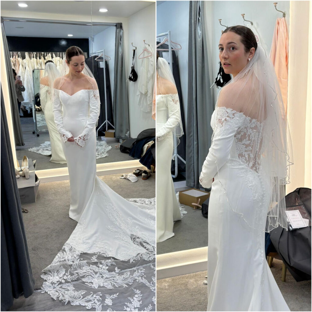 Maggie Sottero wedding dress before couture bridal alterations and sleeve restructuring in London