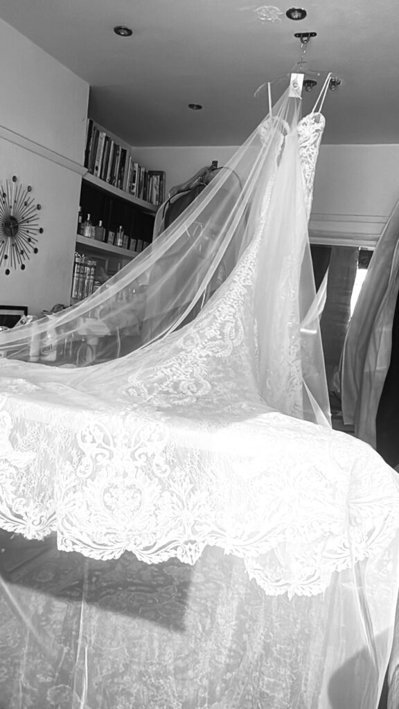 Fully steam pressed ready for collection dress and cathedral veil