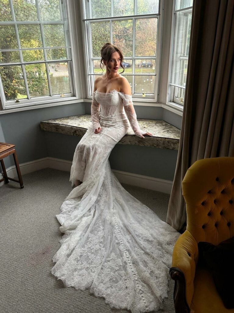 Martina Liana bridal transformation showing couture lace contouring and fitted silhouette