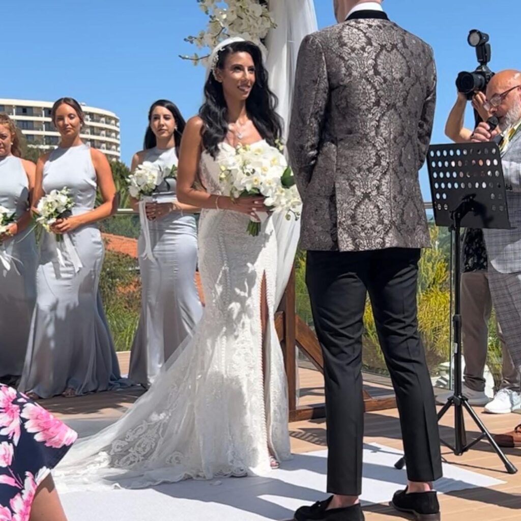 Beaded Martina Liana wedding dress after couture split alterations