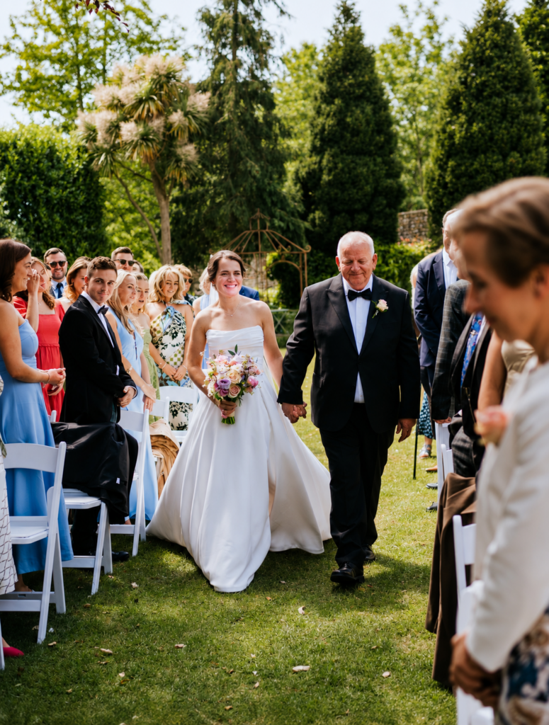 Minimalist satin Mila Nova wedding dress after bridal alterations at wedding ceremony