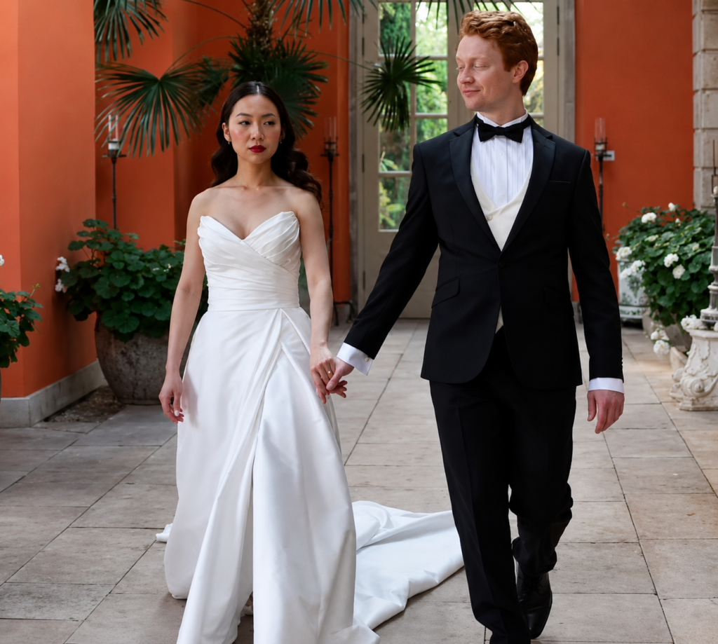 Minimalist bridal gown with sculpted draping after couture bridal adjustments 