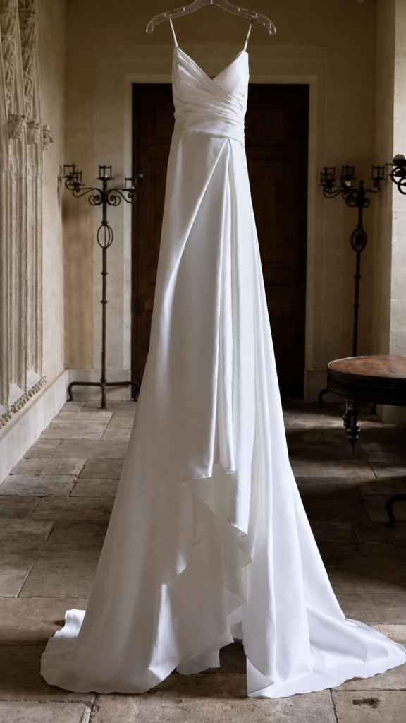 Minimalist Morilee wedding dress with pleated crossover bodice and tulip split draping
