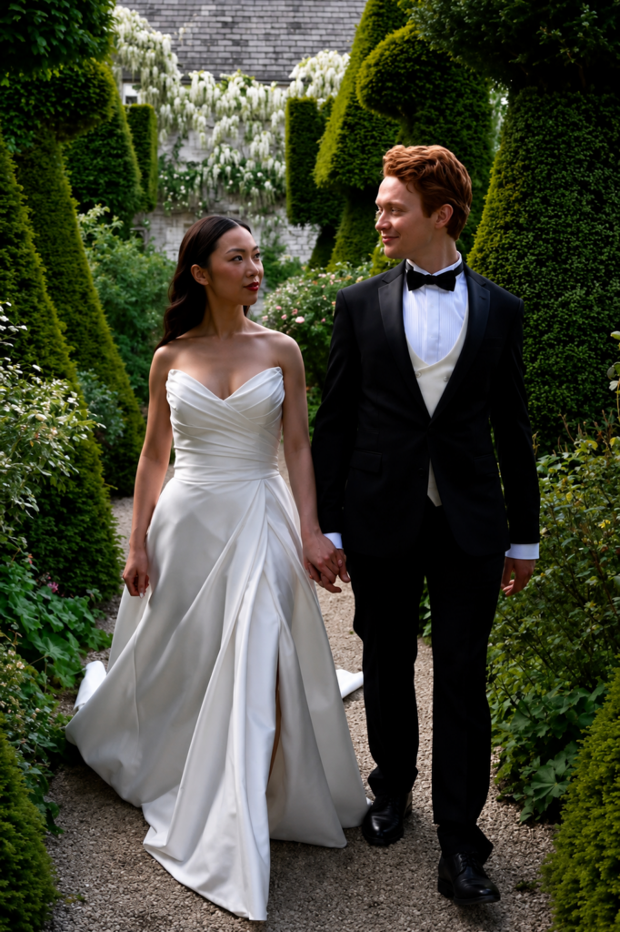Morilee wedding dress with tulip draping and fluid skirt movement after bridal alterations