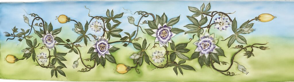 Hand-painted passion flower silk scarf featuring botanical vines, flowers and soft blue green silk background