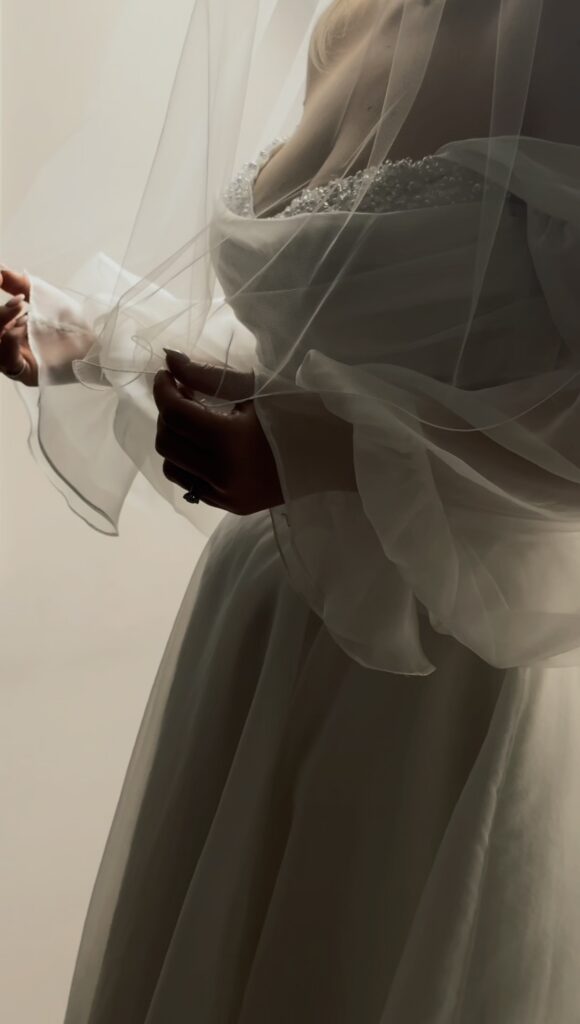 Pearl neckline detail on altered bridal gown