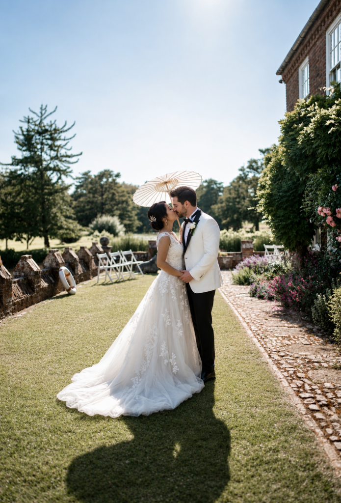 Bride wearing a professionally altered Pronovias wedding dress with couture bodice fitting and reconstructed layered skirt