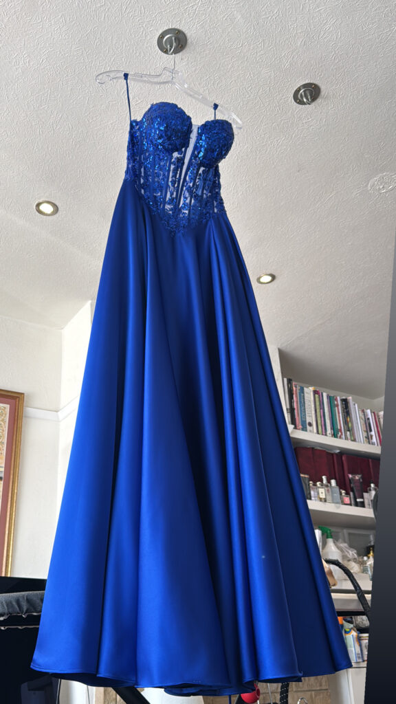 Royal blue corset prom dress with structured bodice and couture alterations in Sutton Surrey