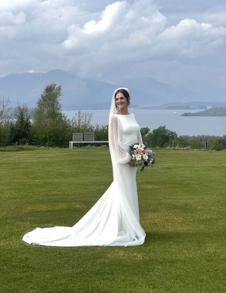 Bride wearing altered sample sale wedding dress after bridal alterations London