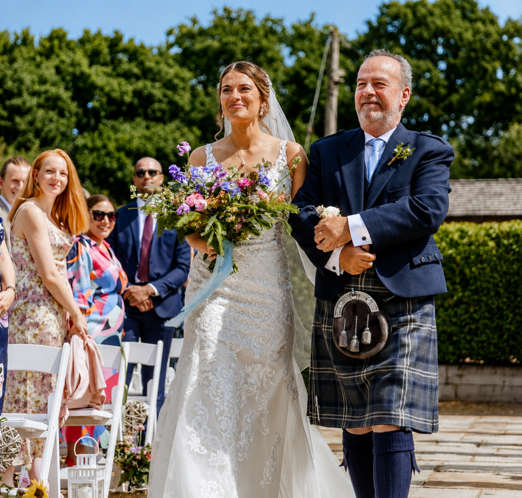 Real bride wearing fitted lace Stella York wedding dress after sample sale bridal alterations