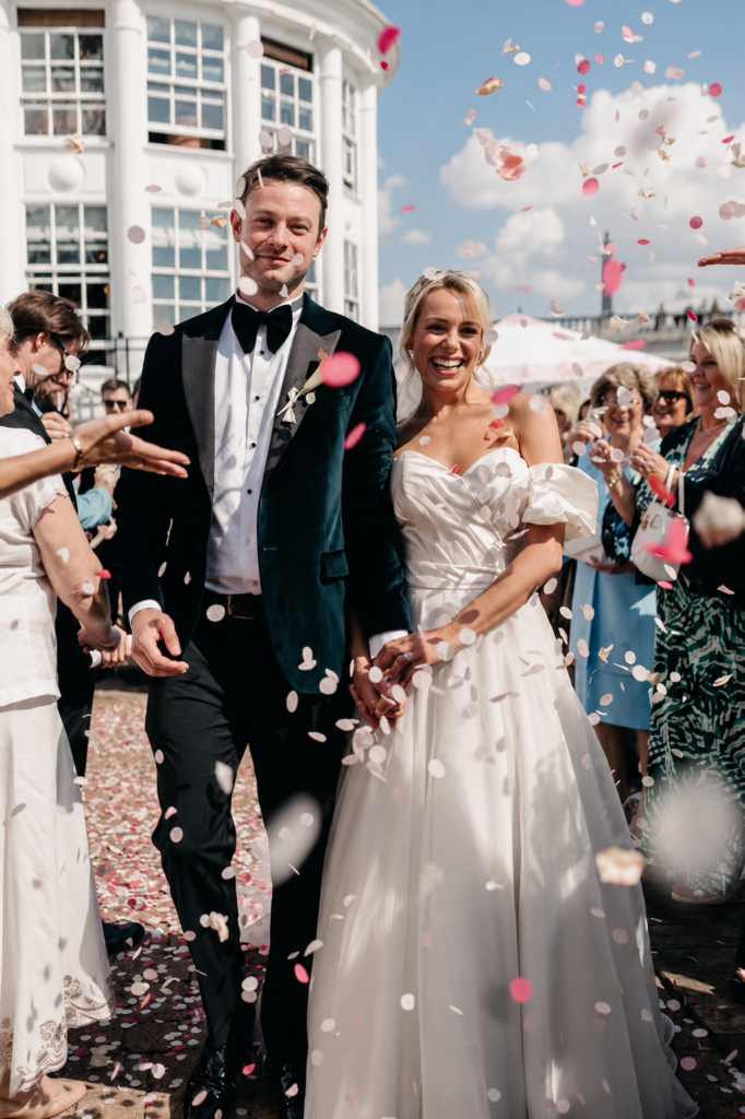 Sophia Tolli bridal alterations London with couture puff sleeve wedding dress transformation